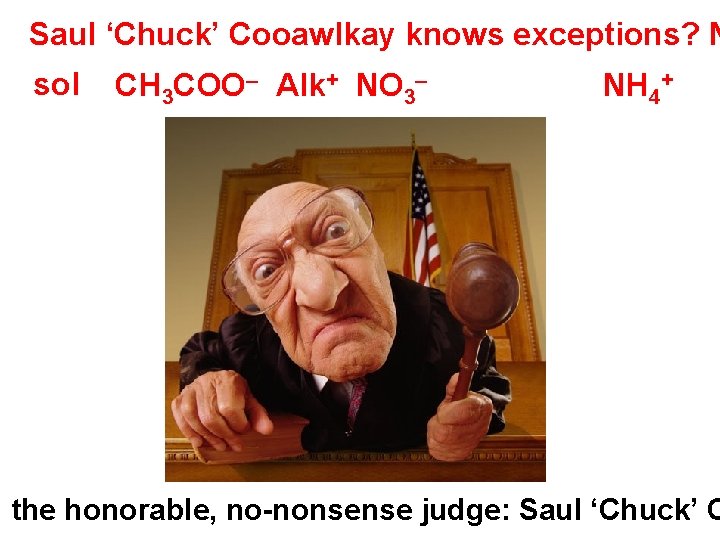 Saul ‘Chuck’ Cooawlkay knows exceptions? N sol CH 3 COO– Alk+ NO 3– NH