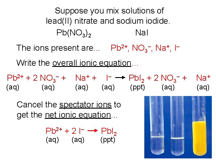 Suppose you mix solutions of lead(II) nitrate and sodium iodide. Pb(NO 3)2 Na. I