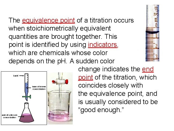 The equivalence point of a titration occurs when stoichiometrically equivalent quantities are brought together.