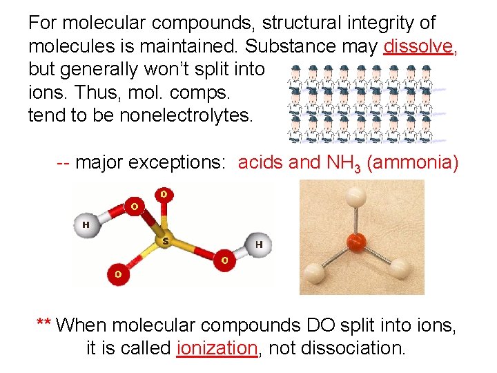For molecular compounds, structural integrity of molecules is maintained. Substance may dissolve, but generally