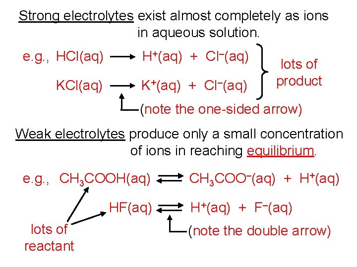 Strong electrolytes exist almost completely as ions in aqueous solution. e. g. , HCl(aq)