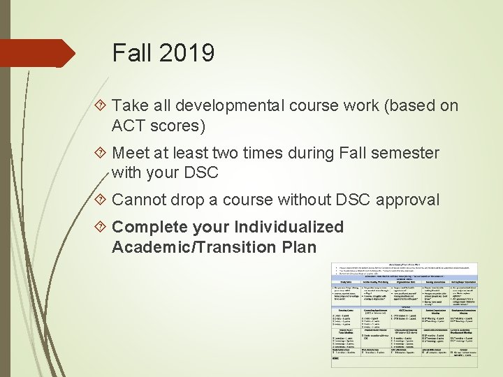 Fall 2019 Take all developmental course work (based on ACT scores) Meet at least