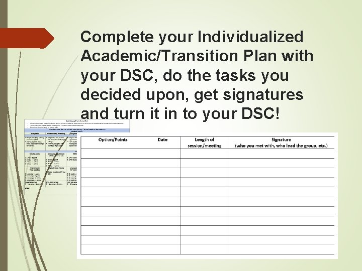 Complete your Individualized Academic/Transition Plan with your DSC, do the tasks you decided upon,