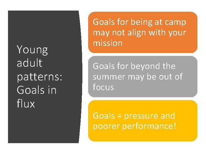 Young adult patterns: Goals in flux Goals for being at camp may not align