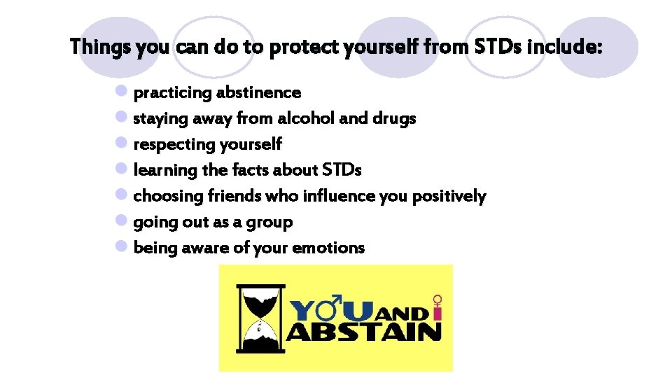 Things you can do to protect yourself from STDs include: l practicing abstinence l