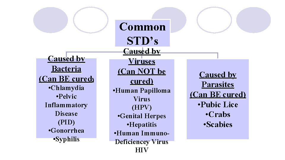 Common STD’s Caused by Bacteria (Can BE cured) • Chlamydia • Pelvic Inflammatory Disease