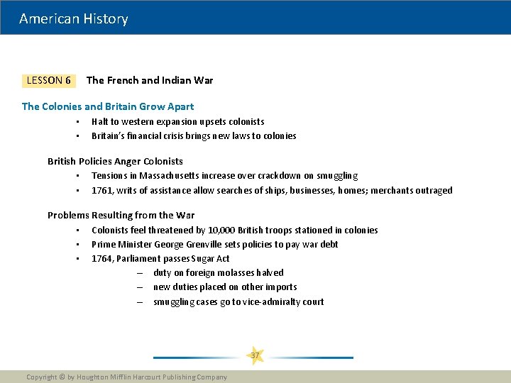 American History The French and Indian War LESSON 6 The Colonies and Britain Grow