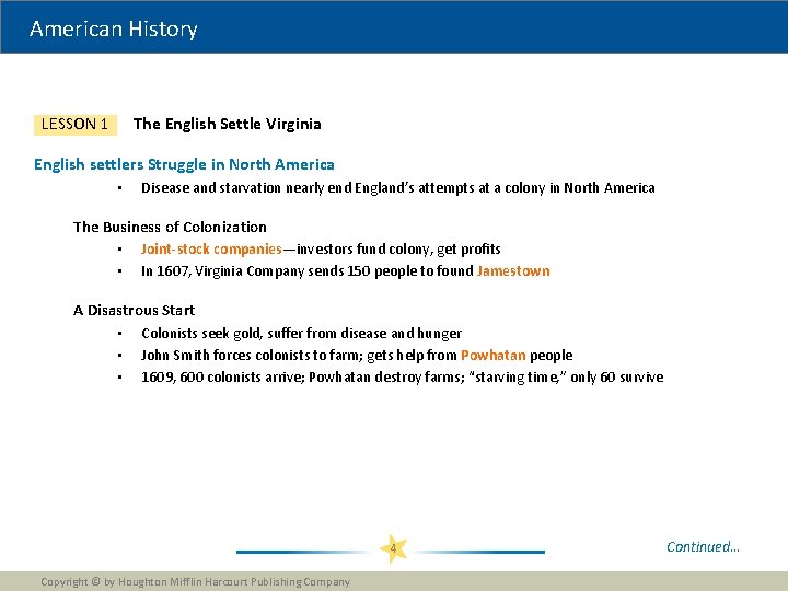 American History The English Settle Virginia LESSON 1 English settlers Struggle in North America