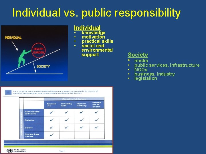 Individual vs. public responsibility Individual • • knowledge motivation practical skills social and environmental