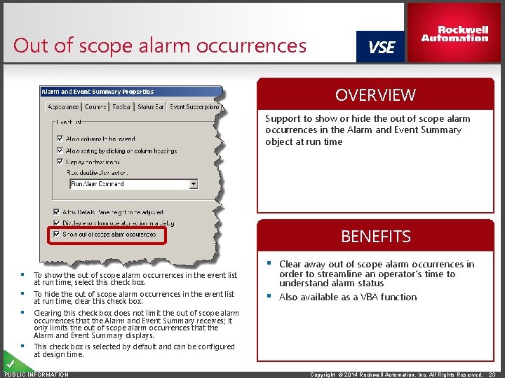 Out of scope alarm occurrences VSE OVERVIEW Support to show or hide the out