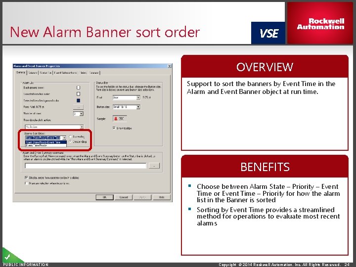 New Alarm Banner sort order VSE OVERVIEW Support to sort the banners by Event