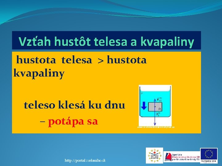 Vzťah hustôt telesa a kvapaliny hustota telesa > hustota kvapaliny teleso klesá ku dnu