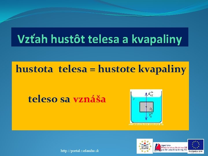 Vzťah hustôt telesa a kvapaliny hustota telesa = hustote kvapaliny teleso sa vznáša www.