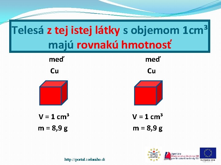 Telesá z tej istej látky s objemom 1 cm³ majú rovnakú hmotnosť meď Cu