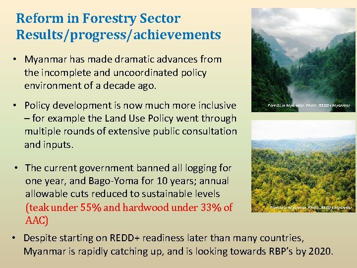 Reform in Forestry Sector Results/progress/achievements • Myanmar has made dramatic advances from the incomplete Reform in Forestry Sector Results/progress/achievements • Myanmar has made dramatic advances from the incomplete