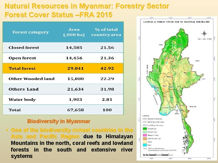Natural Resources in Myanmar: Forestry Sector Forest Cover Status –FRA 2015 Biodiversity in Myanmar Natural Resources in Myanmar: Forestry Sector Forest Cover Status –FRA 2015 Biodiversity in Myanmar