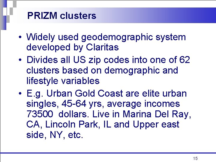PRIZM clusters • Widely used geodemographic system developed by Claritas • Divides all US