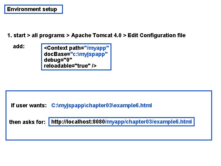 Environment setup 1. start > all programs > Apache Tomcat 4. 0 > Edit