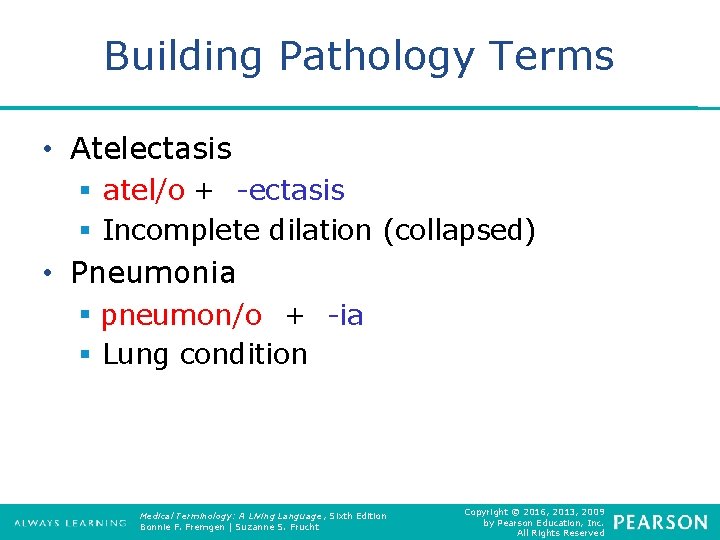 Building Pathology Terms • Atelectasis § atel/o + -ectasis § Incomplete dilation (collapsed) •