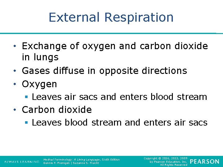 External Respiration • Exchange of oxygen and carbon dioxide in lungs • Gases diffuse
