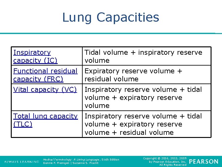 Lung Capacities Inspiratory capacity (IC) Tidal volume + inspiratory reserve volume Functional residual capacity