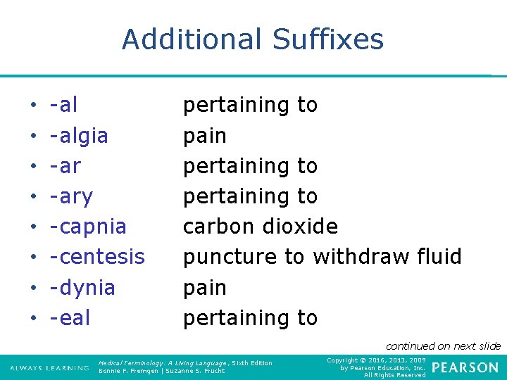 Additional Suffixes • • -algia -ary -capnia -centesis -dynia -eal pertaining to pain pertaining