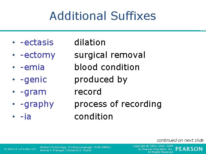 Additional Suffixes • • -ectasis -ectomy -emia -genic -gram -graphy -ia dilation surgical removal