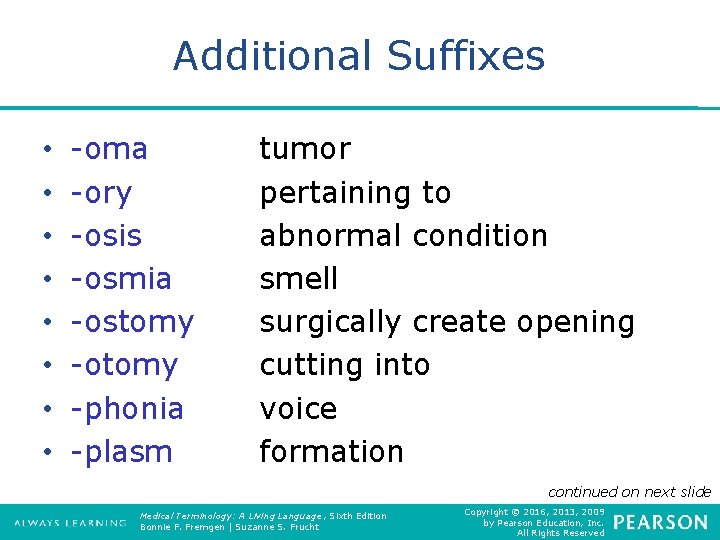 Additional Suffixes • • -oma -ory -osis -osmia -ostomy -otomy -phonia -plasm tumor pertaining