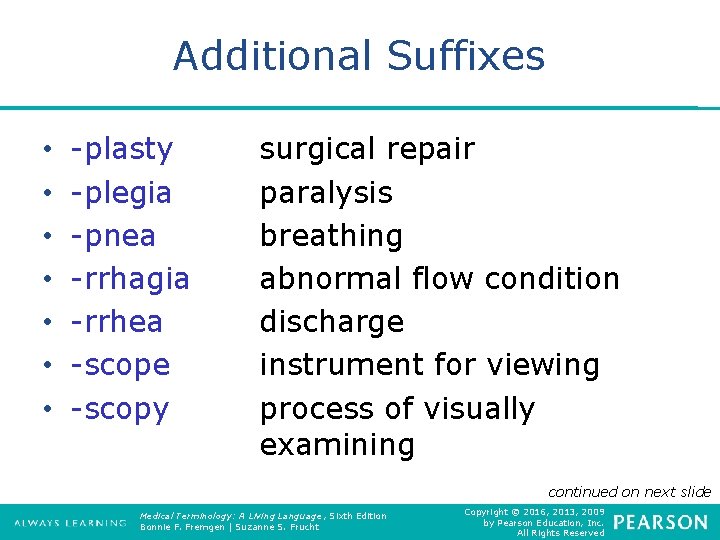 Additional Suffixes • • -plasty -plegia -pnea -rrhagia -rrhea -scope -scopy surgical repair paralysis