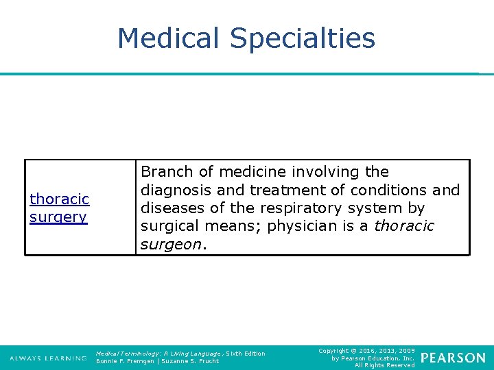 Medical Specialties thoracic surgery Branch of medicine involving the diagnosis and treatment of conditions