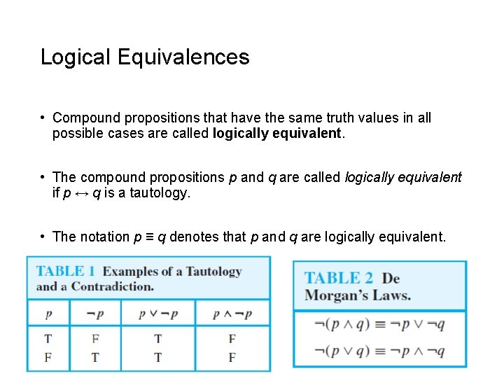 Logical Equivalences • Compound propositions that have the same truth values in all possible