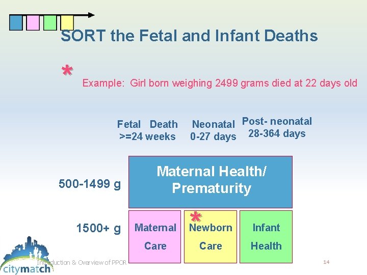 SORT the Fetal and Infant Deaths * Example: Girl born weighing 2499 grams died