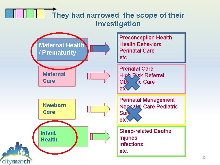 They had narrowed the scope of their investigation Maternal Health / Prematurity Preconception Health