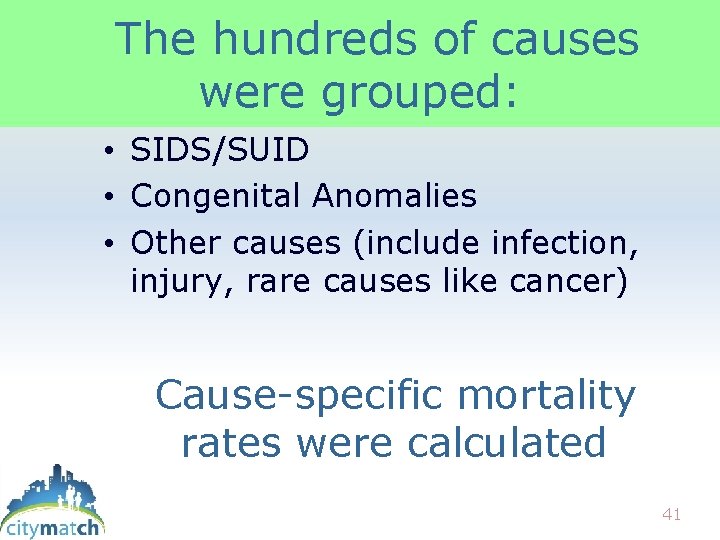 The hundreds of causes were grouped: • SIDS/SUID • Congenital Anomalies • Other causes