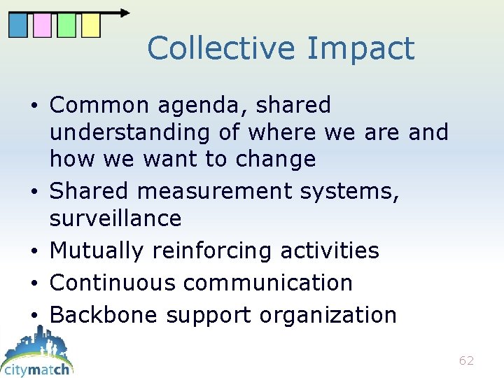 Collective Impact • Common agenda, shared understanding of where we are and how we