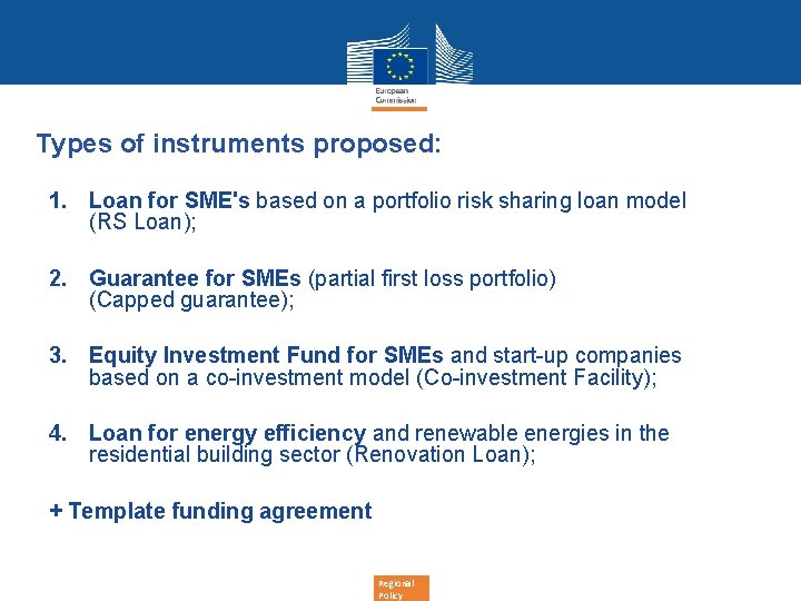 Types of instruments proposed: 1. Loan for SME's based on a portfolio risk sharing