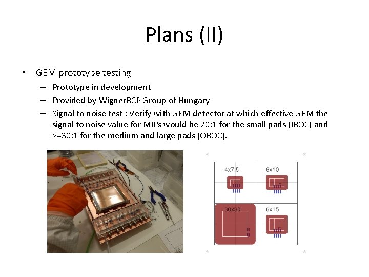 Plans (II) • GEM prototype testing – Prototype in development – Provided by Wigner.