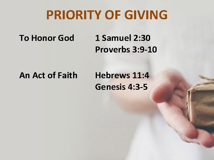 PRIORITY OF GIVING To Honor God 1 Samuel 2: 30 Proverbs 3: 9 -10