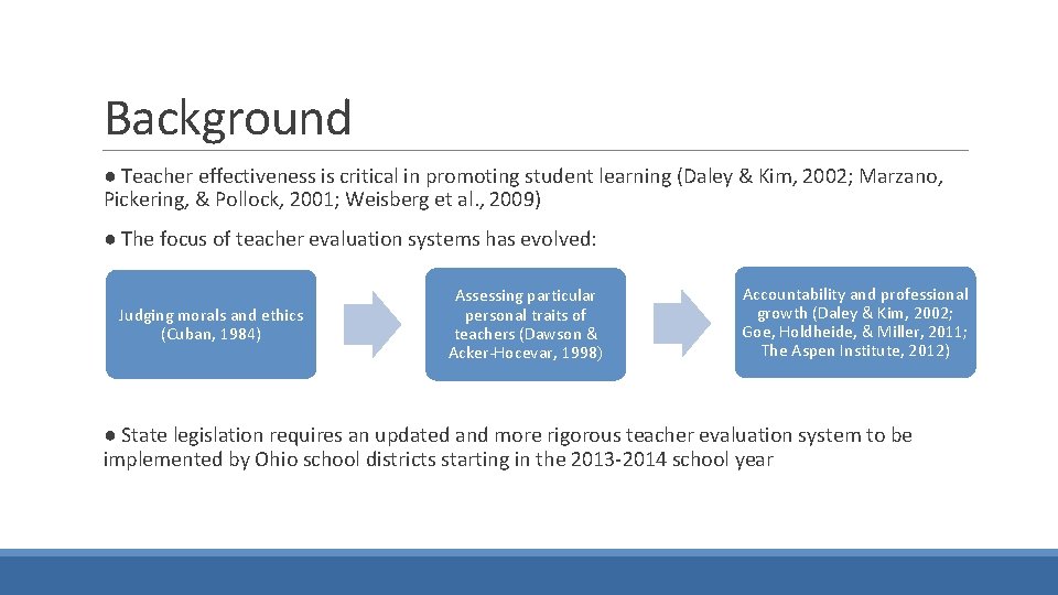 Background ● Teacher effectiveness is critical in promoting student learning (Daley & Kim, 2002;