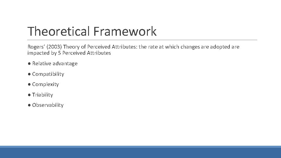 Theoretical Framework Rogers’ (2003) Theory of Perceived Attributes: the rate at which changes are