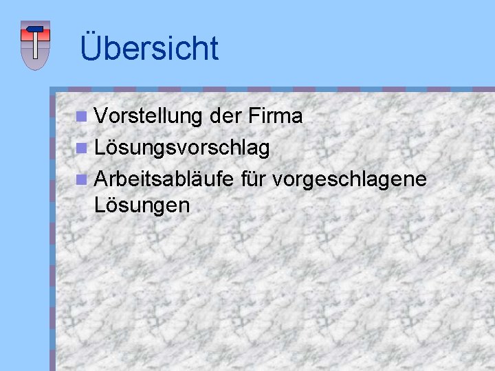 Übersicht n Vorstellung der Firma n Lösungsvorschlag n Arbeitsabläufe für vorgeschlagene Lösungen 