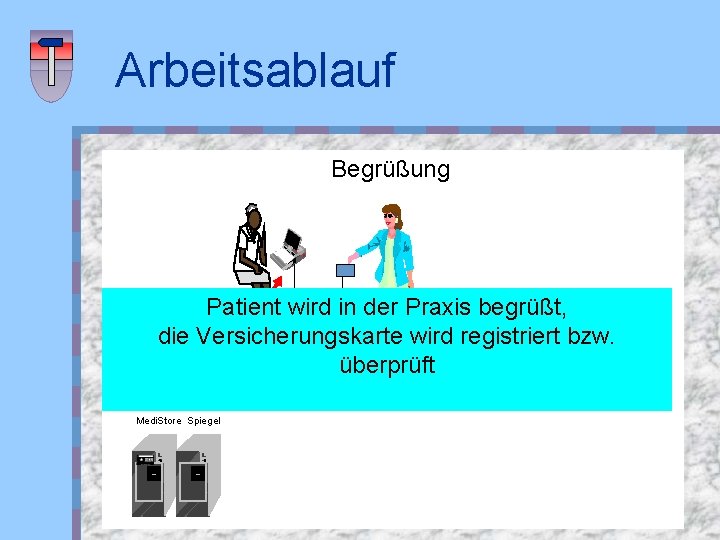 Arbeitsablauf Begrüßung Patient wird in der Praxis begrüßt, die Versicherungskarte wird registriert bzw. überprüft