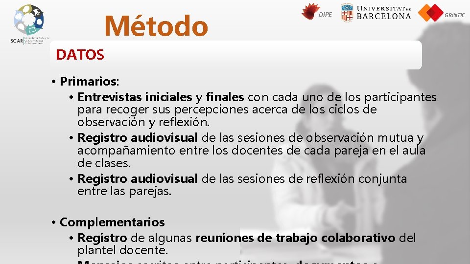 Método DIPE DATOS • Primarios: • Entrevistas iniciales y finales con cada uno de