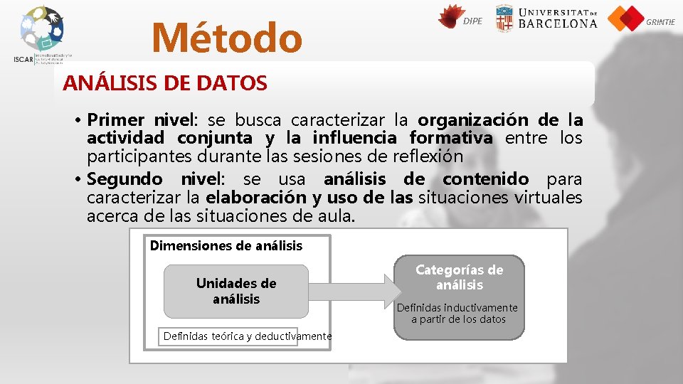 Método DIPE ANÁLISIS DE DATOS • Primer nivel: se busca caracterizar la organización de