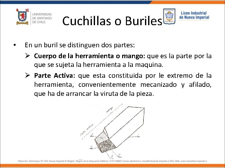 Cuchillas o Buriles • En un buril se distinguen dos partes: Ø Cuerpo de