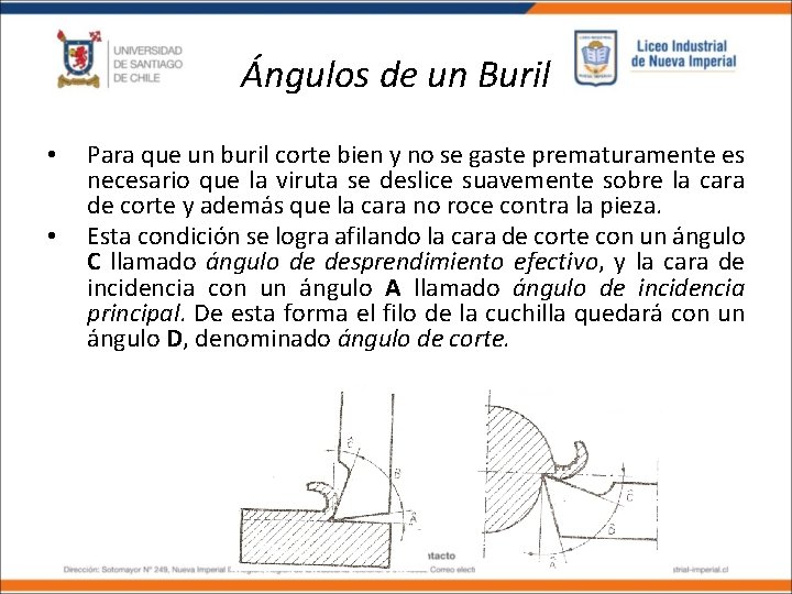 Ángulos de un Buril • • Para que un buril corte bien y no