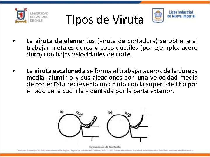 Tipos de Viruta • La viruta de elementos (viruta de cortadura) se obtiene al