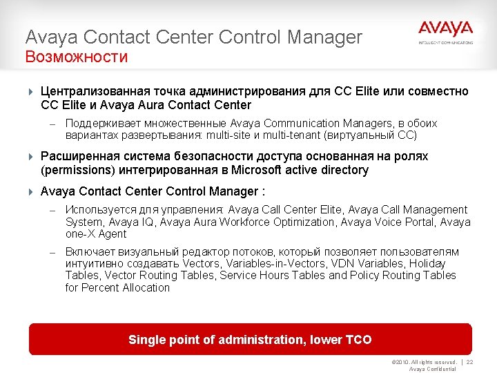 Avaya Contact Center Control Manager Возможности 4 Централизованная точка администрирования для СС Elite или