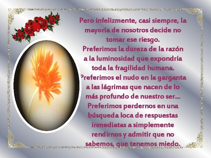 Pero infelizmente, casi siempre, la mayoría de nosotros decide no tomar ese riesgo. Preferimos Pero infelizmente, casi siempre, la mayoría de nosotros decide no tomar ese riesgo. Preferimos