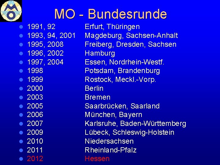 MO - Bundesrunde l l l l 1991, 92 1993, 94, 2001 1995, 2008 MO - Bundesrunde l l l l 1991, 92 1993, 94, 2001 1995, 2008